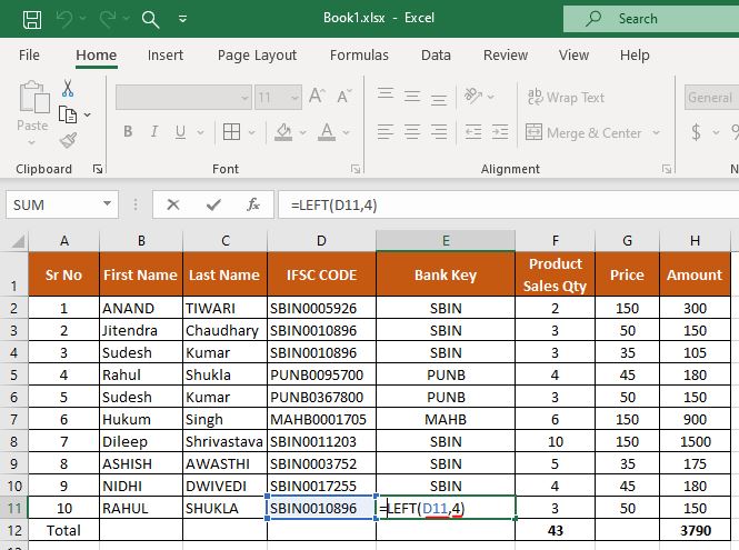 Left formula in excel