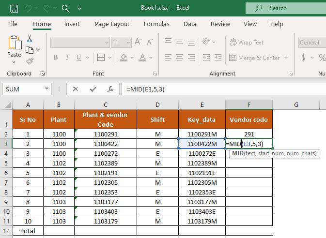 Mid formula in excel