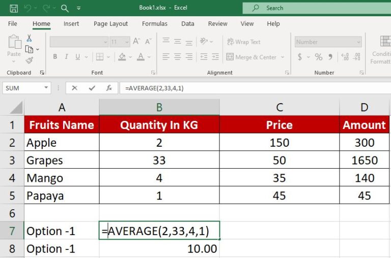 Average formula in excel