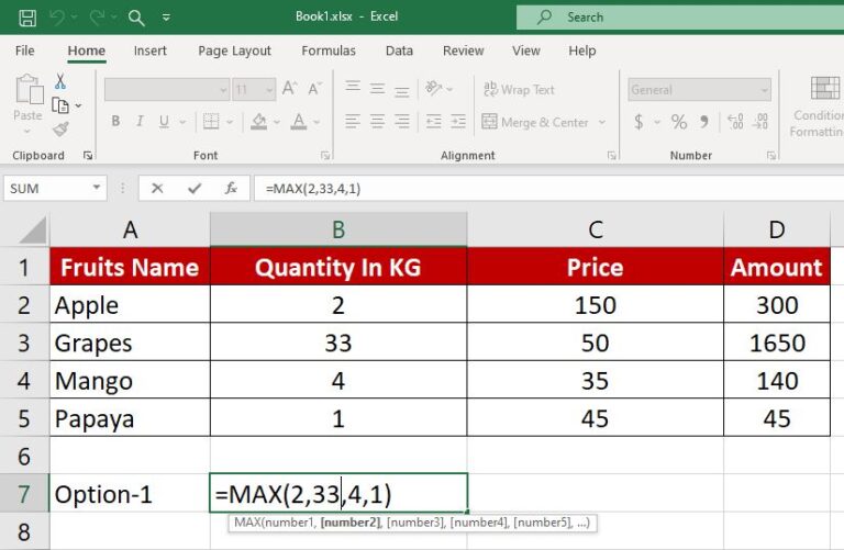 Max formula in excel