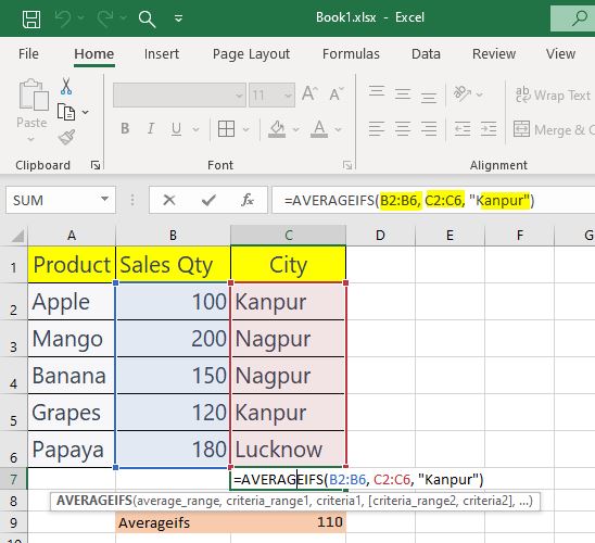 Averageifs formula in excel