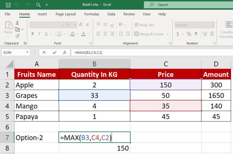 max function in excel