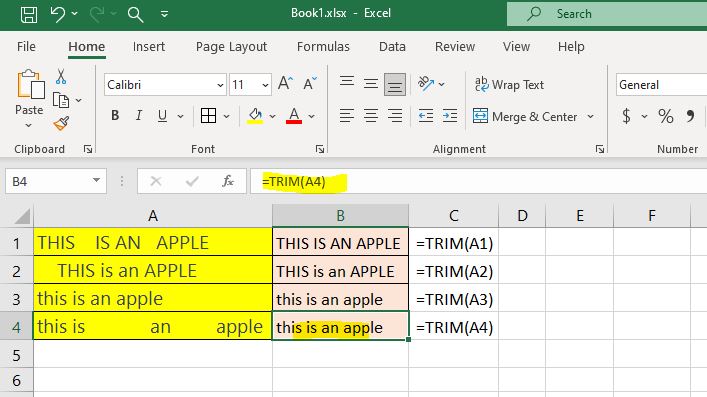 Trim formula in excel