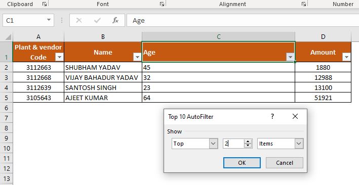 Top 10 filter in excel