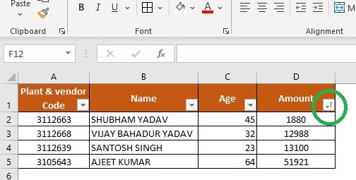 Filter in excel